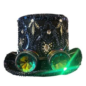 Burning Man Sequin Steampunk Top Hat with Removable Goggles